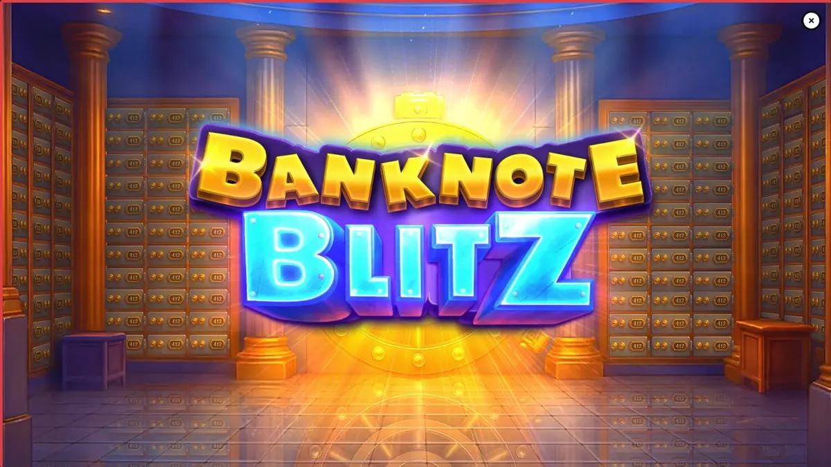 Tampilan visual slot Banknote Blitz dengan tema brankas bank mewah dan bingkai kemenangan yang bercahaya.